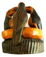 Large Vintage Hand Carved Hardwood Ashtray Folk Art Sculpture Birds Eating Worm picture