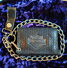 Harley-Davidson Leather Chain Wallet Black Braided/Weave, Embossed Logo picture