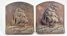 Antique Bron Met Bronze Coated Cast Iron Clipper Ship Bookends Heavy Detailed picture
