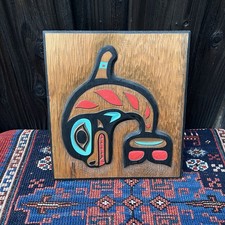 Vintage Northwest Coast Orca Killer Whale Wood Carved Plaque Native Style Art picture