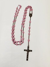 Vintage Pink Satin Jesus Face Glass Czech Beads Catholic Rosary  picture