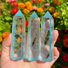 Blue Crackle Quartz Tower Point Clear Crystal Obelisk Meditation Healing Decor picture