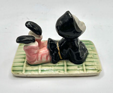 Vintage Japan Glazed Ceramic Girl Child Figurine Green Mat Black White Pink gift picture