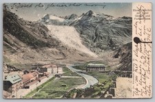 Rhone Glacier Switzerland Postcard Hotel Gletsch Furkapass Road 1905 Tinted VTG picture