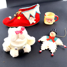 4 Vintage 1960 Lot Ornaments Felt Elf Boot Snowman mini Winking santa mug poodle picture