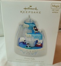 2010 Hallmark  Ornament Frosty Falls Magic Light Sound Motion Penguins New MIB picture