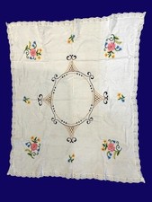 Vintage Embroidered Table Topper 24x30 Floral Lace Cottagecore Handmade picture