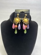 Vintage Boho Dangle Earrings Drop Beaded Gem Statement Multicolor Chandelier 80s picture