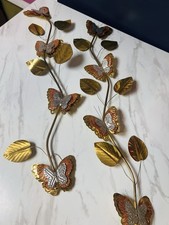 Vintage 1970s Butterfly Wall Art Pair Brass Copper Silver Metal 28” MCM picture