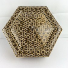 Vintage Persian Khatam Kari Hexagonal Inlaid Marquetry Lidded Box 6.5