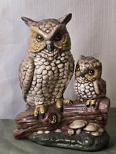 Owl Figurine Antique 1950s Sculpture Ceramic 2 Owls Hand Painted Vintage picture
