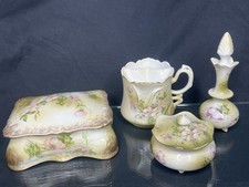 Antique Hand Painted Nippon 7 Pc Vanity Dresser Set Pink Floral Shaving Scuttle picture