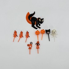 Vintage Halloween Cupcake Picks 10pc. Spooky Cat, Pumpkin, Witch And Skull picture