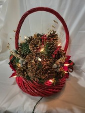 Vtg Pine Cone Lighted Red Christmas Basket Arrangement NOS Very Nice works picture