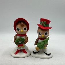2 Vintage Lefton China Birds With Christmas Hats Holding Gift And Wreath Chips picture