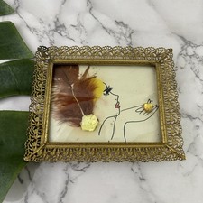 Vintage 70s Fliligree Picture Frame Gold Brass Floral Feather Art Flapper Girl picture