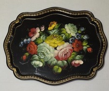 Vintage USSR Zhostovo Floral Tole Tray Hand Painted Signed Soviet Folk Art Stamp picture