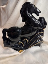 Vintage Pottery BLACK STALLION Horse Planter Art Deco Gold Trim  MCM picture