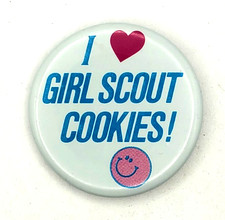 I Love Heart Girl Scout Cookies Metal Pinback Button w Happy Face picture