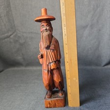 Vintage Carved Wood Old Asian Man With Hat And Cane picture