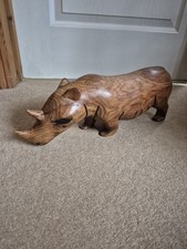 Vintage African Two Horn Rhinoceros Rhino Hand Carved Wood Large Collectable picture