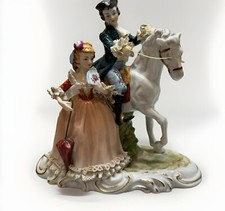 Vintage KPM Lace Porcelain Figurine Man On Horseback Woman w/Umbrella & Fan picture