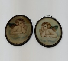 Set of 2 Antique Oval Pictures Cupid Cherub Angel 2.75” Long W/wire To Hang picture