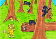 Tambra ACEO Original Art Painting Tabby Cats Black Cats Forest Hide N Seek picture