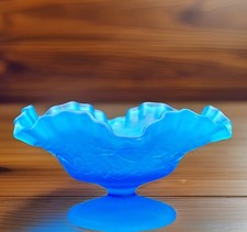 Westmoreland Low Pedestal Compote Blue Satin Glass Maple Leaf Ruffled Edge Vtg picture