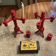 Vintage Swedish Red Wooden Candelabra Set MCM Scandinavian Christmas Folk Art picture