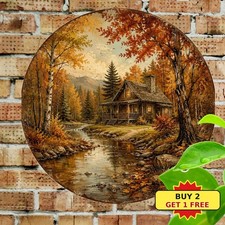 Autumn Landscape Cottage Scene Round Tin Sign Country Home Wall Decor picture