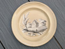 Antique c1810 Thomas Lakin English Drab Yellow Ware Plate Painted Cottage Figure picture