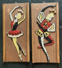 Vintage Pair Harlequin Ballet Dancers Gravel Wall Art Mid Century 1960s picture