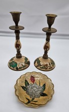 Vintage Brass Enamel Floral Bird Candlesticks and Scalloped Trinket Dish Set picture