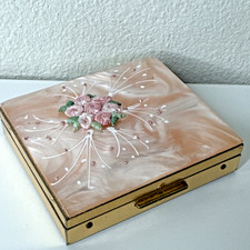 Vintage Lady Gillette Razor Compact Pink Pearl w Appliqué Roses Gold Metal Box picture