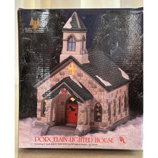 Vintage 1997 Village Painted Lighted Church with Cross by Holiday Expressions picture