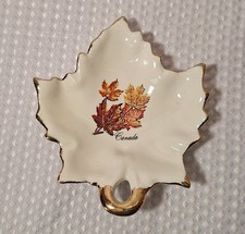 Vintage Canada Maple Leaf Shape Souvenir White 22K Gold Dish Bowl Trinket Tray picture