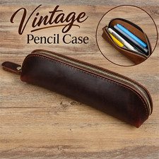 Vintage Coffee Brown Pencils Case Pen Pouch Zipper Stationery Storage Bag Holder picture