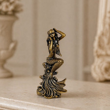 Metal Mermaid Figurine Vintage Brass Statue Coastal Decor Ocean Sea Figure 2.5'' picture