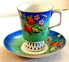 Antique Russian Kuznetsov Porcelain Teacup Saucer Strawberry Reticulated Base picture