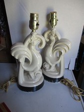 2 MCM Vintage 50's Mid Century  Ivory/ White Ceramic  Rooster Lamps 14