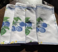 Set of 4 Vtg 50s MCM Vibrant Cherry & Strawberry Blue Print Heavy Cotton Napkins picture
