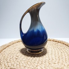 MCM Retro 1950s West Germany Pottery Ewer Pitcher Vase Cobalt Blue Gold 675 7.5