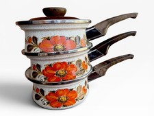 Three Vintage Sanko Ware Japan Sauce Pans: 1960s Floral Enamelware picture