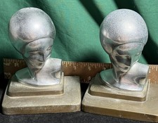 ANTIQUE ART DECO FRANKART CHROMED SOPHISTICATE LADY HEAD SCULPTURE BOOKENDS picture