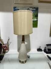 Vintage 1960s Mid Century Modern  White Ceramic Gold  Walnut accent Table Lamp  picture