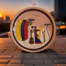 Vintage Venezuela Folk Art Pottery Wall Plaque Cuatro Harp Maracas 10” picture