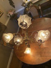 ANTIQUE 1890’s GAS and ELECTRIC 3/3 Combo Chandelier-Orig Etched Shades picture