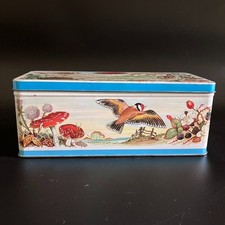Vtg Jacobs Autumn Biscuit Tin Goldfinch Birds Mushrooms Hinged Lid England picture