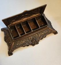 Antique Brass Footed Stamp Box with Raised Ornate Design in Wonderful Condition picture